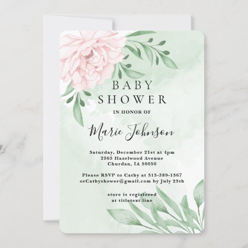 Pink Rose Eucalyptus Succulent FoliageBaby Shower Invitation