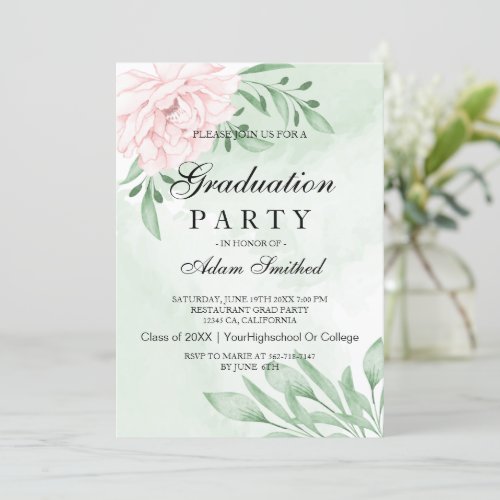 Pink Rose Eucalyptus Succulent Foliage Graduation Invitation