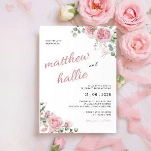 Pink Rose Eucalyptus Watercolor Wedding Invitation