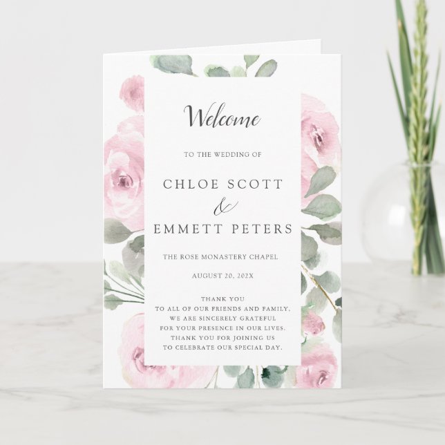 Pink Rose Eucalyptus Wedding Program (Front)
