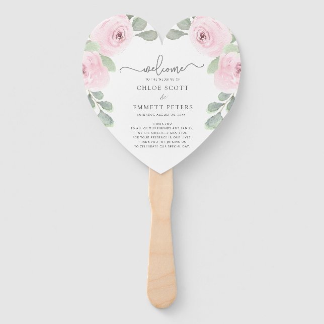 Pink Rose Eucalyptus Wedding Program Hand Fan (Front)