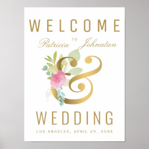 Pink rose faux gold ampersand welcome wedding sign