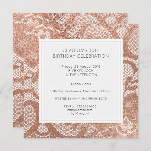 Pink Rose Faux Gold Powder Lace Birthday Party Invitation