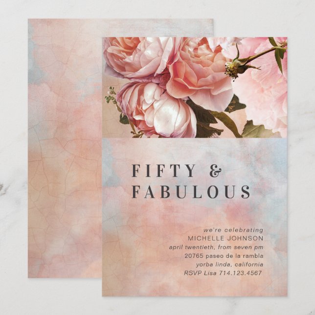 Pink Rose Fifty Fabulous Floral Minimal Botanical Invitation (Front/Back)