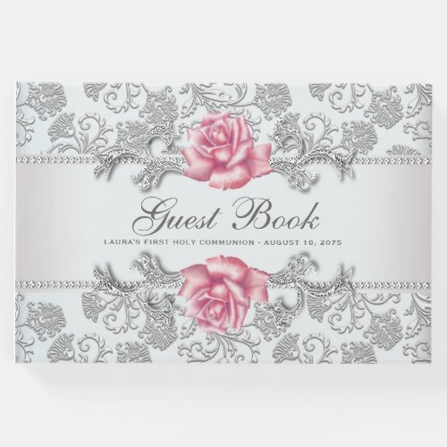 Pink Rose First Communion Baptism Guest Book