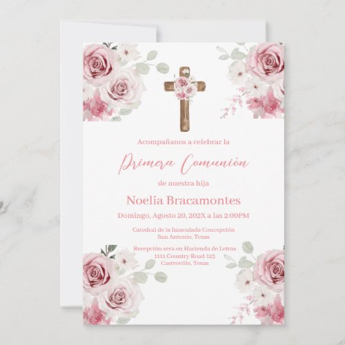 Pink rose first communion invitation in spanish 