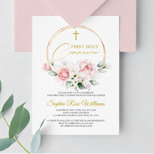 Pink Rose First Holy Communion Invitation
