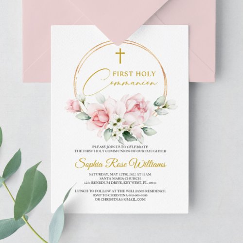 Pink Rose First Holy Communion  Invitation