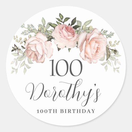 Pink Rose Floral 100th Birthday Classic Round Sticker