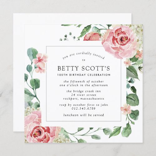 Pink Rose Floral 100th Birthday Party Invitation