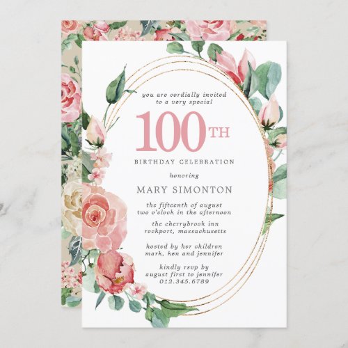 Pink Rose Floral 100th Birthday Party Invitation