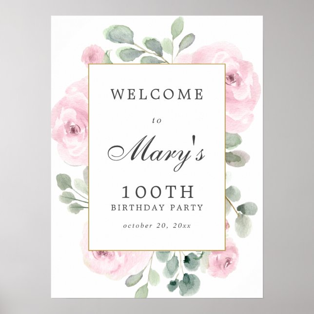 Pink Rose Floral 100th Birthday Welcome Sign (Front)