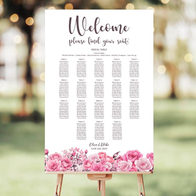 Pink Rose Floral 18 Table Wedding Seating Chart Foam Board (Creator Uploaded)