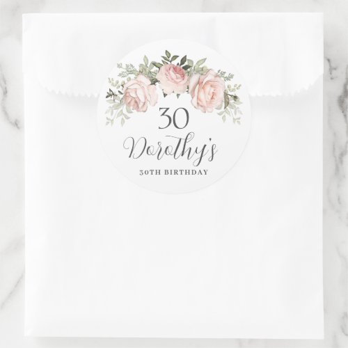 Pink Rose Floral 30th Birthday Classic Round Sticker
