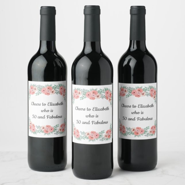 Pink Rose Floral 50 and Fabulous Birthday  Wine Label (Bottles)