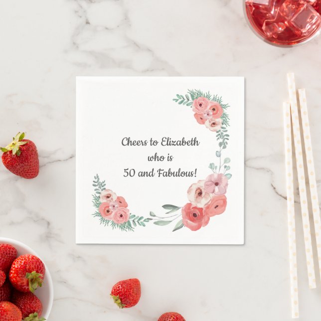 Pink Rose Floral 50 and Fabulous  Napkins (Insitu)