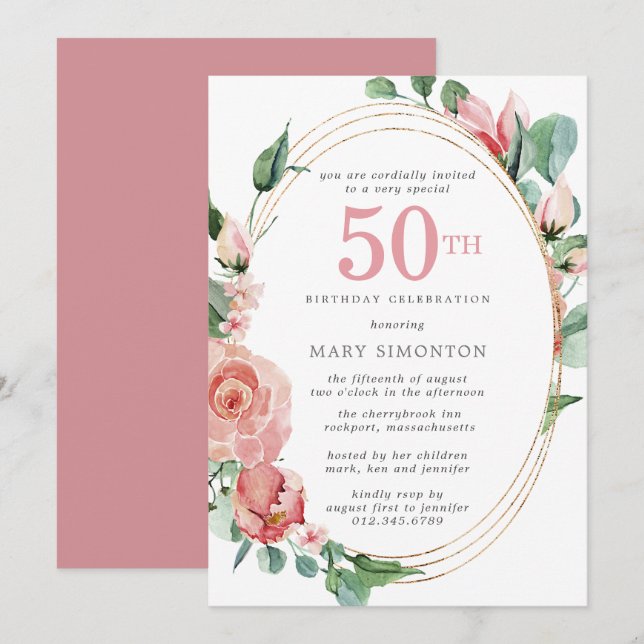 Pink Rose Floral 50th Birthday Party Invitation (Front/Back)