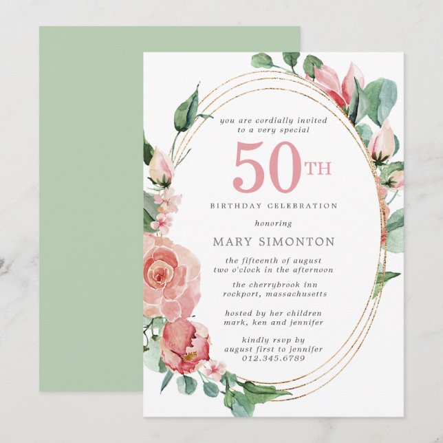 Pink Rose Floral 50th Birthday Party Invitation (Front/Back)
