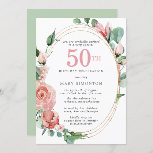 Pink Rose Floral 50th Birthday Party Invitation