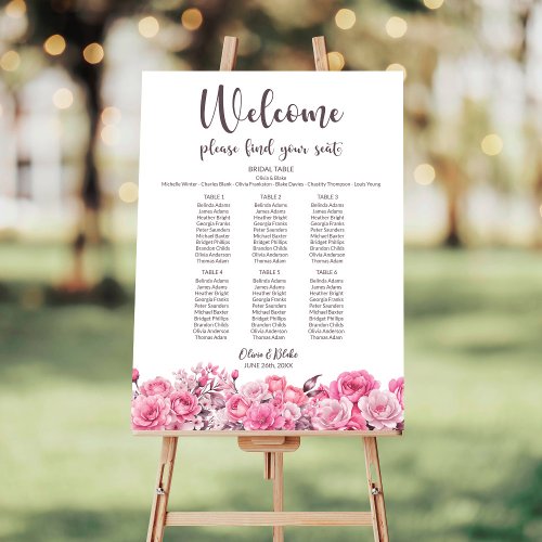 Pink Rose Floral 6 Table Wedding Seating Chart Foam Board