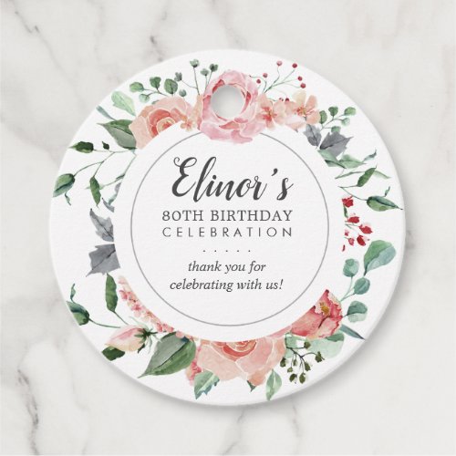 Pink Rose Floral 80th Birthday Thank You Favor Tags