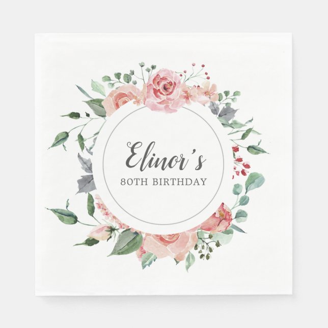 Pink Rose Floral 80th Birthday Thank You Napkins (Front)