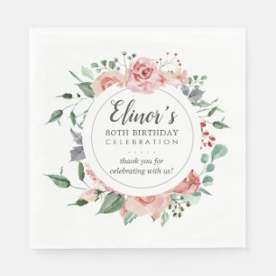 Pink Rose Floral 80th Birthday Thank You Napkins