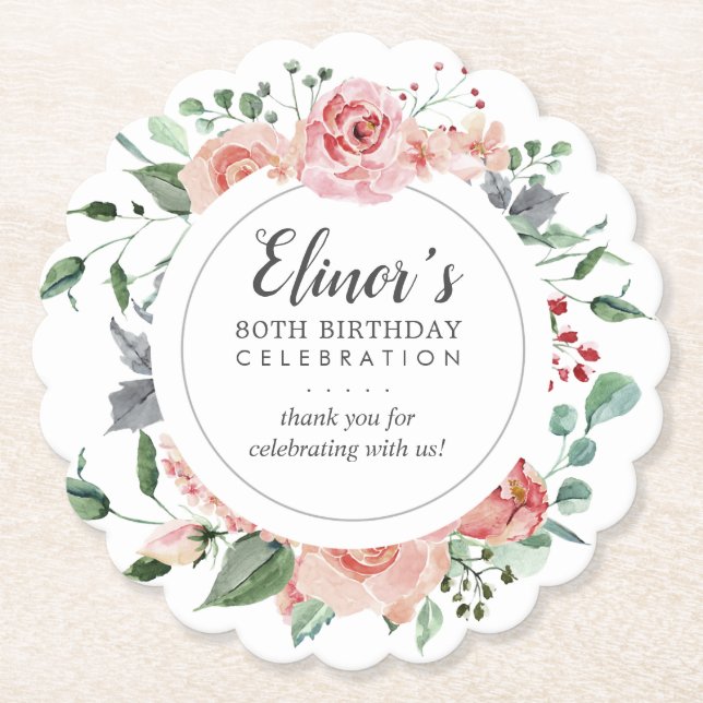 Pink Rose Floral 80th Birthday Thank You Paper Coaster (Front)