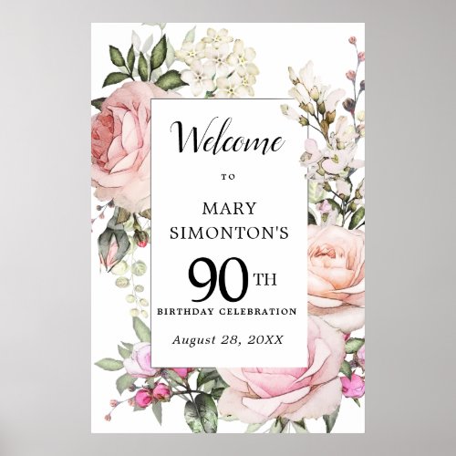 Pink Rose Floral 90th Birthday Welcome Sign