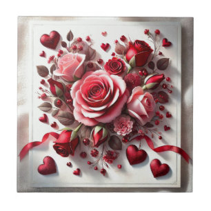 Pink Rose Floral and Red Hearts Ceramic Tile