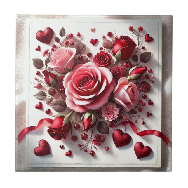 Pink Rose Floral and Red Hearts Ceramic Tile (Front)
