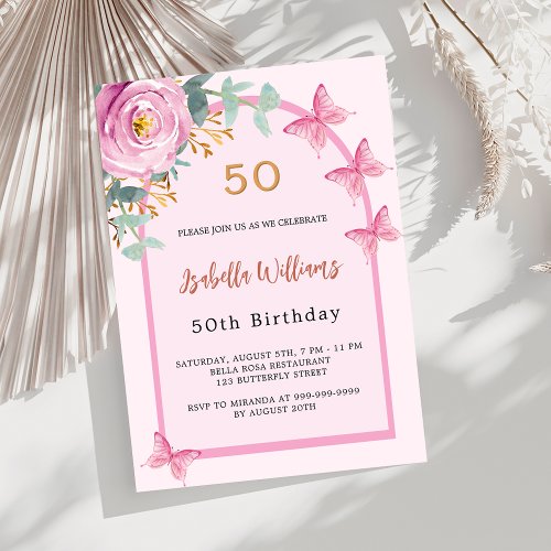 Pink rose floral arch butterflies Birthday Invitation