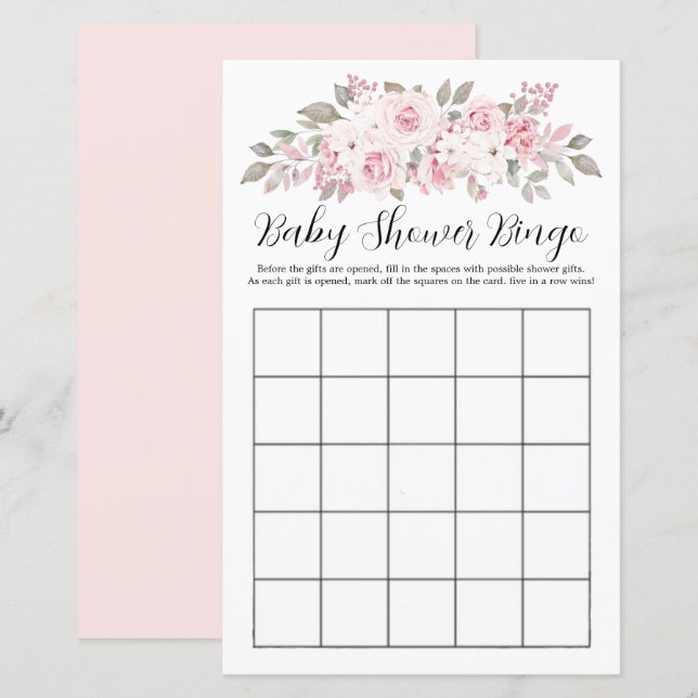 Pink Rose Floral Baby Shower Bingo Game (Front/Back)