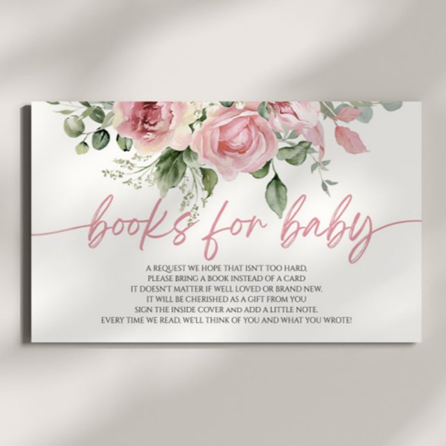 Pink Rose Floral Baby Shower Books For Baby Enclosure Card (Creator Uploaded)