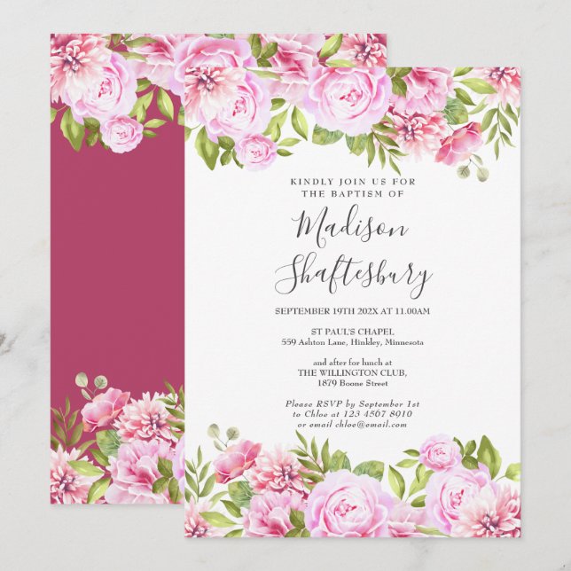 Pink Rose Floral Baptism Christening Invitation (Front/Back)