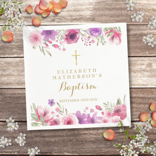 Pink Rose Floral Baptism Christening Napkins