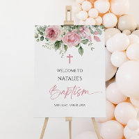 Pink Rose Floral Baptism Welcome Sign