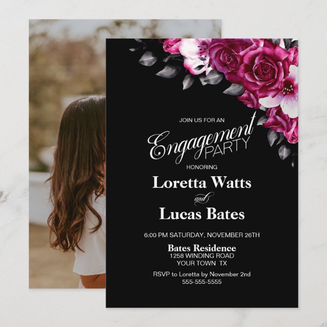 Pink Rose Floral Black Engagement Party Photo Invitation (Front/Back)