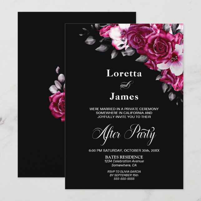 Pink Rose Floral Black Wedding Reception Invitation (Front/Back)