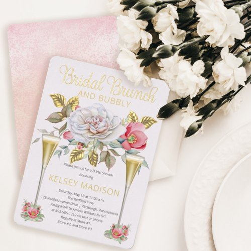 Pink Rose Floral Blooms Bridal Brunch and Bubbly Foil Invitation