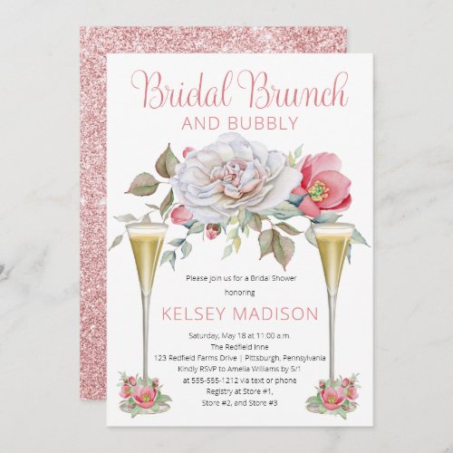 Pink Rose Floral Blooms Bridal Brunch and Bubbly Invitation