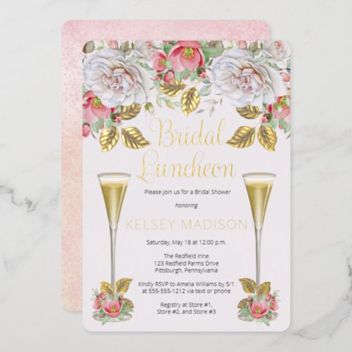 Pink Rose Floral Blooms Bridal Luncheon Foil Invitation