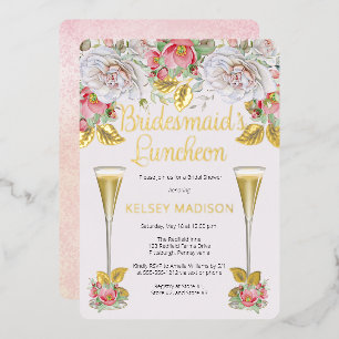 Pink Rose Floral Blooms Bridesmaids Luncheon Foil Invitation