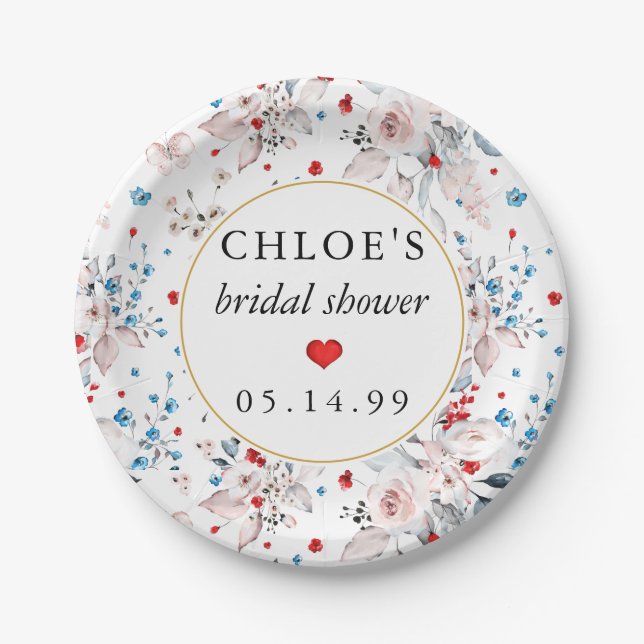 Pink Rose Floral Blue Flowers Bridal Shower Paper Plates (Front)