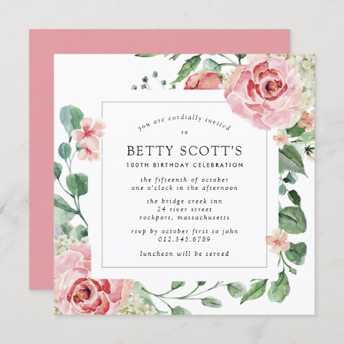 Pink Rose Floral Botanical 100th Birthday Party Invitation