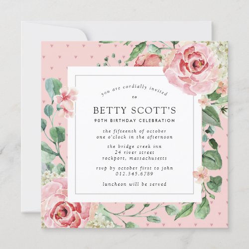 Pink Rose Floral Botanical 90th Birthday Party Invitation