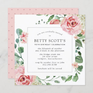 Pink Rose Floral Botanical 90th Birthday Party Invitation