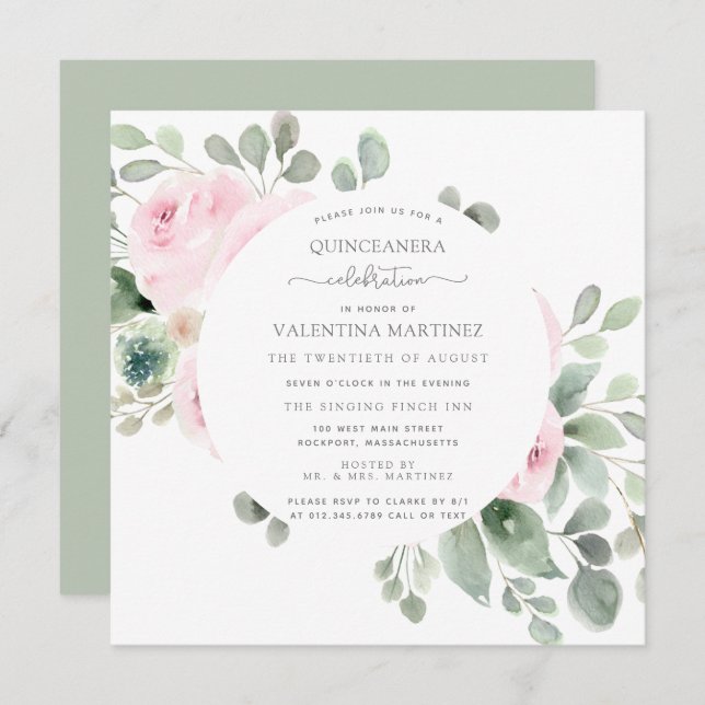 Pink Rose Floral Botanical Eucalyptus Invitation (Front/Back)