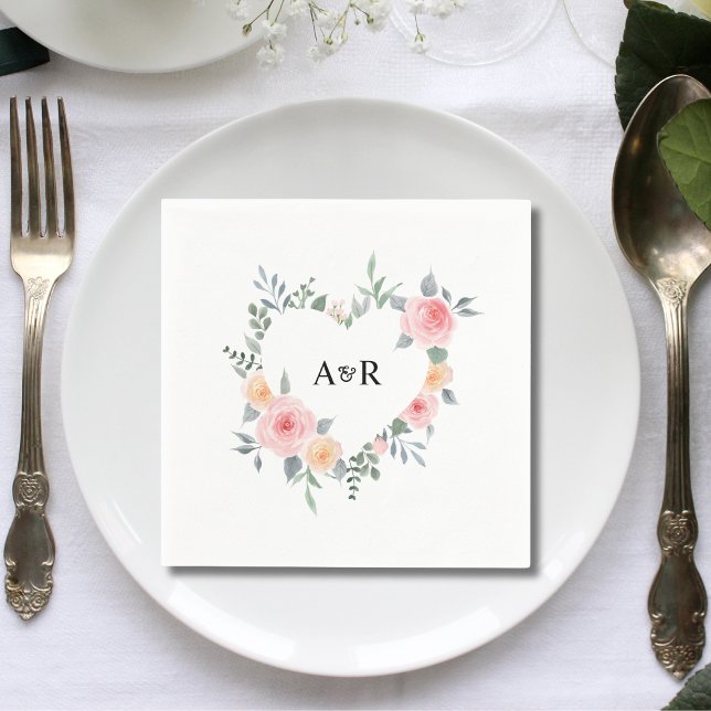 Pink Rose Floral Botanical Heart Shaped Wedding Napkins (Creator Uploaded)