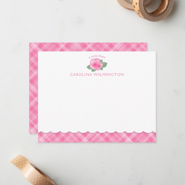 Pink Rose Floral Botanical Preppy Plaid Scallop Note Card (Front/Back In Situ)